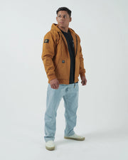 Kingz Canvas Jacket Desert - Full Body Front View Male Athlete Desert Color Hooded Jacket Black Inner Shirt Crown Badge Sleeve Streetwear [color:Desert]