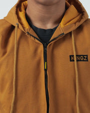 Kingz Canvas Jacket Desert - Close-Up Front View Hooded Design Black KINGZ Text Chest Full Zip Streetwear Casual Apparel [color:Desert]