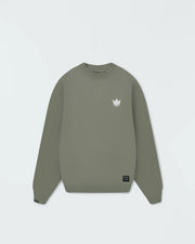 Kingz Kore V2 Crewneck - Flat Lay Front - White Crown Logo and Hem Label - Mossy Green - BJJ Streetwear Crewneck