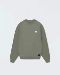 Kingz Kore V2 Crewneck - Flat Lay Front - White Crown Logo and Hem Label - Mossy Green - BJJ Streetwear Crewneck