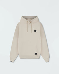 Beige BJJ pullover hoodie flat lay front product shot showing dark crown logo and kangaroo pocket