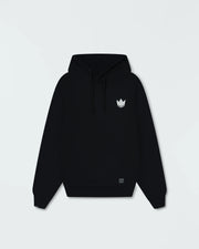 Black BJJ pullover hoodie flat lay front product shot showing white crown logo and kangaroo pocket