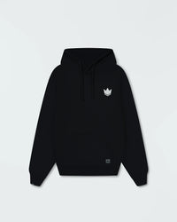 Black BJJ pullover hoodie flat lay front product shot showing white crown logo and kangaroo pocket