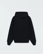 Black BJJ pullover hoodie flat lay back product shot showing clean rear panel and drawstring hood shape