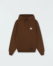 Chestnut brown BJJ pullover hoodie flat lay front product shot showing white crown logo and pocket