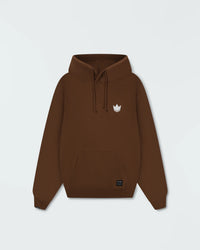 Chestnut brown BJJ pullover hoodie flat lay front product shot showing white crown logo and pocket