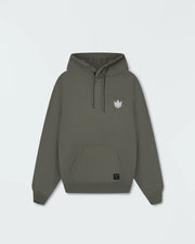 Dark forest green BJJ pullover hoodie flat lay front product shot showing crown logo and kangaroo pocket