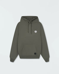 Dark forest green BJJ pullover hoodie flat lay front product shot showing crown logo and kangaroo pocket