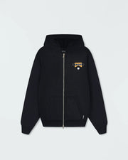 Black BJJ zip up hoodie flat lay front product shot showing Kingz flag chest logo and full length zipper