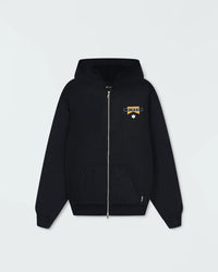 Black BJJ zip up hoodie flat lay front product shot showing Kingz flag chest logo and full length zipper