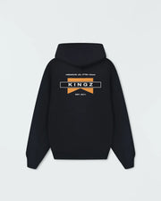 Black BJJ zip up hoodie flat lay back product shot showing Premium Jiu Jitsu Gear Kingz flag graphic