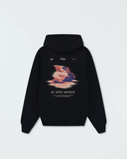 Black BJJ pullover hoodie flat lay back product shot showing full Jiu Jitsu Motion graphic and hood shape