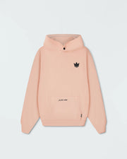 Peach BJJ pullover hoodie flat lay front product shot showing dark crown logo and jiu jitsu motion script