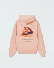 Peach BJJ pullover hoodie flat lay back product shot showing Jiu Jitsu Motion graphic and drawstring hood