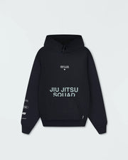 Black BJJ pullover hoodie flat lay product shot showing full front with Jiu Jitsu Squad print and pocket