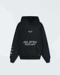 Black BJJ pullover hoodie flat lay product shot showing full front with Jiu Jitsu Squad print and pocket