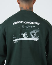 Kingz Solo Crewneck - Back Print Close Up - Kingz Kimonos Photo and Est 2011 - Dark Forest Green - BJJ Streetwear Crewneck