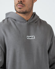 Kingz Box Hoodie - Collar Detail - Close Up Kingz Box Chest Logo Print - Grey - Men's BJJ Hoodie