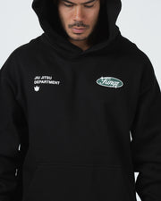 Kingz JJ Dept Hoodie - Hood Up Front View - Chest Logo and Cozy Hood - Black - BJJ Streetwear Hoodie