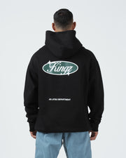 Kingz JJ Dept Hoodie - Back Worn View - Green Kingz Oval and Department Print - Black - BJJ Streetwear Hoodie