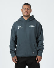 Kingz JJ Dept Hoodie - Hood Up Front View - Chest Logo and Kingz Oval - Charcoal Blue - BJJ Streetwear Hoodie
