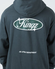 Kingz JJ Dept Hoodie - Back Print Close Up - Green Kingz Oval and Department - Charcoal Blue - BJJ Streetwear Hoodie