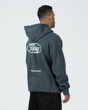 Kingz JJ Dept Hoodie - Front Studio View - Heavyweight Fleece and Chest Print - Charcoal Blue - BJJ Streetwear Hoodie