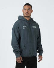 Kingz JJ Dept Hoodie - Front Portrait View - Boxy Fit and Kingz Chest Oval - Charcoal Blue - BJJ Streetwear Hoodie