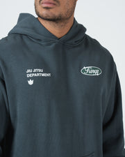 Kingz JJ Dept Hoodie - Chest Print Close Up - Jiu Jitsu Department and Kingz Oval - Charcoal Blue - BJJ Streetwear Hoodie