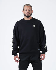 Kingz No Days Off Crewneck - Front View - Crown Chest Logo and Sleeve Print - Black - BJJ Streetwear Crewneck