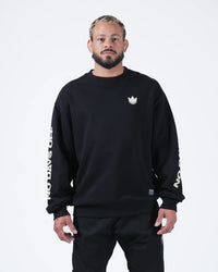 Kingz No Days Off Crewneck - Front View - Crown Chest Logo and Sleeve Print - Black - BJJ Streetwear Crewneck