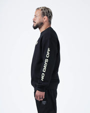 Kingz No Days Off Crewneck - Side Profile View - Full No Days Off Sleeve Print - Black - BJJ Streetwear Crewneck