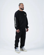 Kingz No Days Off Crewneck - Lifestyle Front View - Crown Chest Logo and Sleeve Print - Black - BJJ Streetwear Crewneck