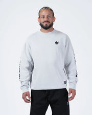 Kingz No Days Off Crewneck - Front View - Crown Chest Logo and Sleeve Print - Light Grey - BJJ Streetwear Crewneck