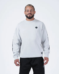 Kingz No Days Off Crewneck - Front View - Crown Chest Logo and Sleeve Print - Light Grey - BJJ Streetwear Crewneck