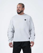 Kingz No Days Off Crewneck - Front Angle View - Crown Logo and Dark Sleeve Print - Light Grey - BJJ Streetwear Crewneck