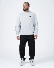 Kingz No Days Off Crewneck - Full Body Front View - Crown Logo and Sleeve Graphic - Light Grey - BJJ Streetwear Crewneck