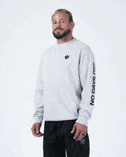 Kingz No Days Off Crewneck - Upper Body Front View - Crown Logo and Bold Sleeve Text - Light Grey - BJJ Streetwear Crewneck