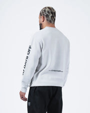 Kingz No Days Off Crewneck - Rear Angle View - Sleeve Print and Back Slogan Text - Light Grey - BJJ Streetwear Crewneck
