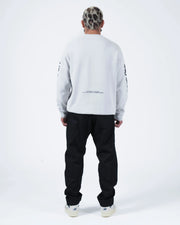 Kingz No Days Off Crewneck - Rear Standing View - Full Back Panel and Ribbed Hem - Light Grey - BJJ Streetwear Crewneck