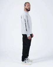 Kingz No Days Off Crewneck - Side Profile View - Full No Days Off Sleeve Print - Light Grey - BJJ Streetwear Crewneck