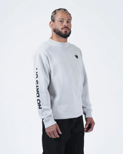 Kingz No Days Off Crewneck - Front Quarter View - Crown Logo and Cuff Sleeve Print - Light Grey - BJJ Streetwear Crewneck