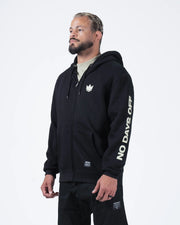 Kingz No Days Off Zip Up Hoodie - Side Worn View - Full No Days Off Sleeve Print - Black - BJJ Streetwear Hoodie