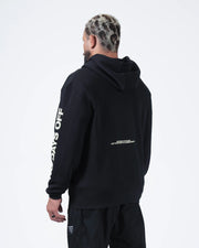 Kingz No Days Off Zip Up Hoodie - Rear Three Quarter View - Sleeve Print and Back Text - Black - BJJ Streetwear Hoodie