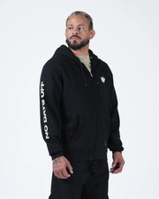 Kingz No Days Off Zip Up Hoodie - Front Angle View - Crown Logo and Sleeve Graphic - Black - BJJ Streetwear Hoodie