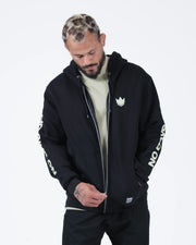 Kingz No Days Off Zip Up Hoodie - Front Zip View - Both Sleeve Prints and Chest Crown - Black - BJJ Streetwear Hoodie