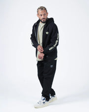 Kingz No Days Off Zip Up Hoodie - Full Body Walking Pose - Open Zip and Sleeve Prints - Black - BJJ Streetwear Hoodie