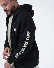 Kingz No Days Off Zip Up Hoodie - Sleeve Print Close Up - No Days Off Text and Crown Logo - Black - BJJ Streetwear Hoodie