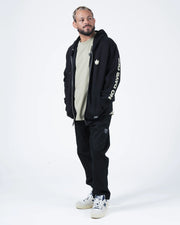 Kingz No Days Off Zip Up Hoodie - Full Body Studio Shot - Open Zip Layered Streetwear - Black - BJJ Streetwear Hoodie
