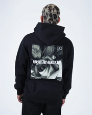 Black BJJ hoodie back view on adult male model showing bold Pursue The Gentle Art rose photo back print